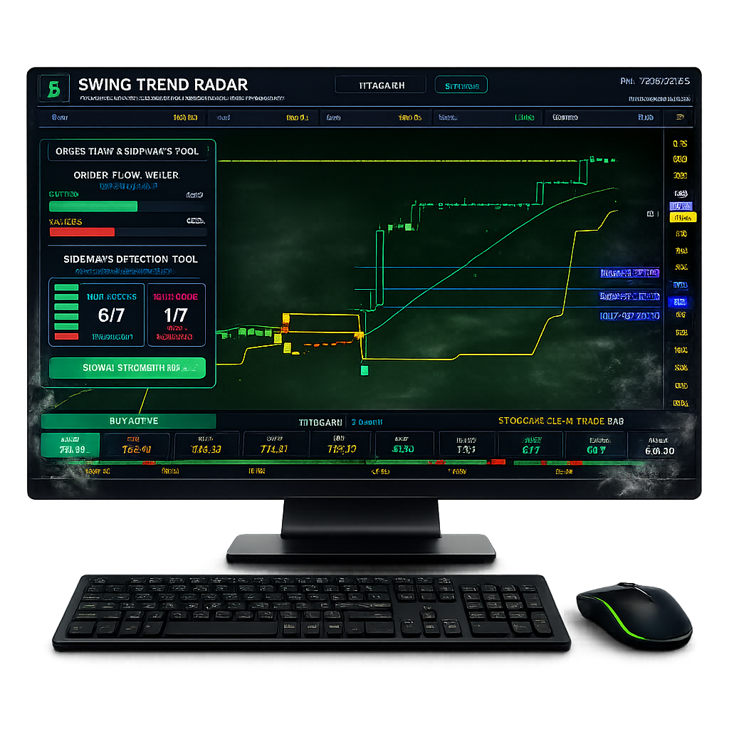 Professional stock trading software showing buy sell signals and live market charts on desktop computer